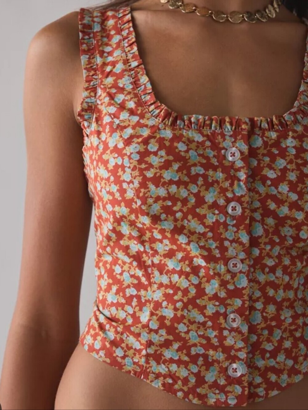 Urban Outfitters Poplin Cotton Rust Ditsy Floral Button Front Crop Corset Top M